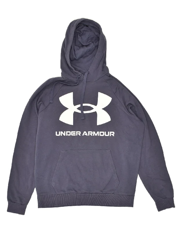 UNDER ARMOUR Mens Graphic Hoodie Jumper Large Navy Blue Cotton Hoodie with Front Slit Layering Stylish