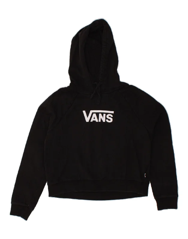 VANS Womens Graphic Hoodie Jumper UK 14 Medium Black Cotton Hoodie with Raw Hem Edgy Unfinished