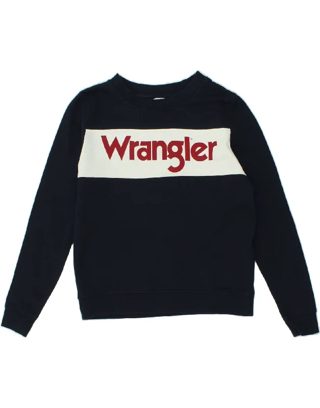 WRANGLER Mens Graphic Sweatshirt Jumper Small Navy Blue Colourblock Cotton Oversized Hoodie Comfort Casual