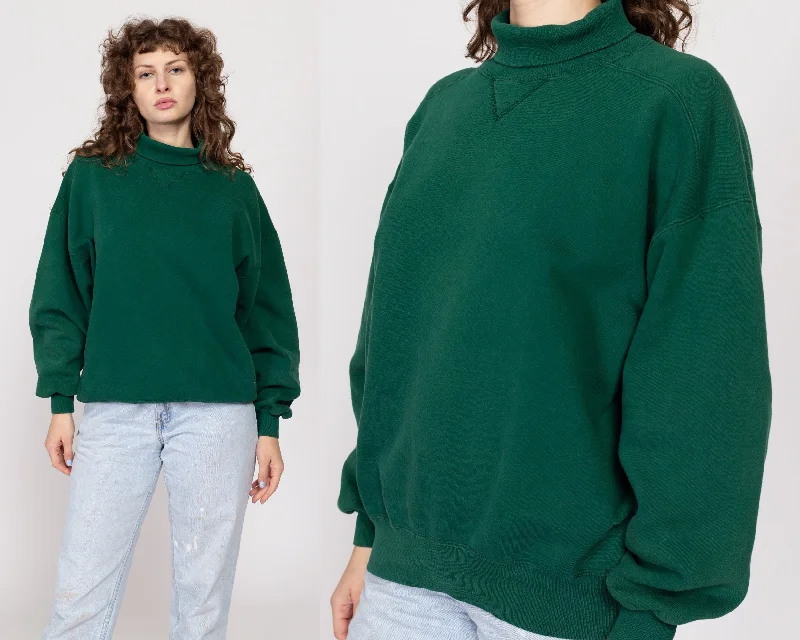 XL 90s Green Turtleneck V Stitch Sweatshirt Hoodie with Hem Drawcord Adjustable Customizable