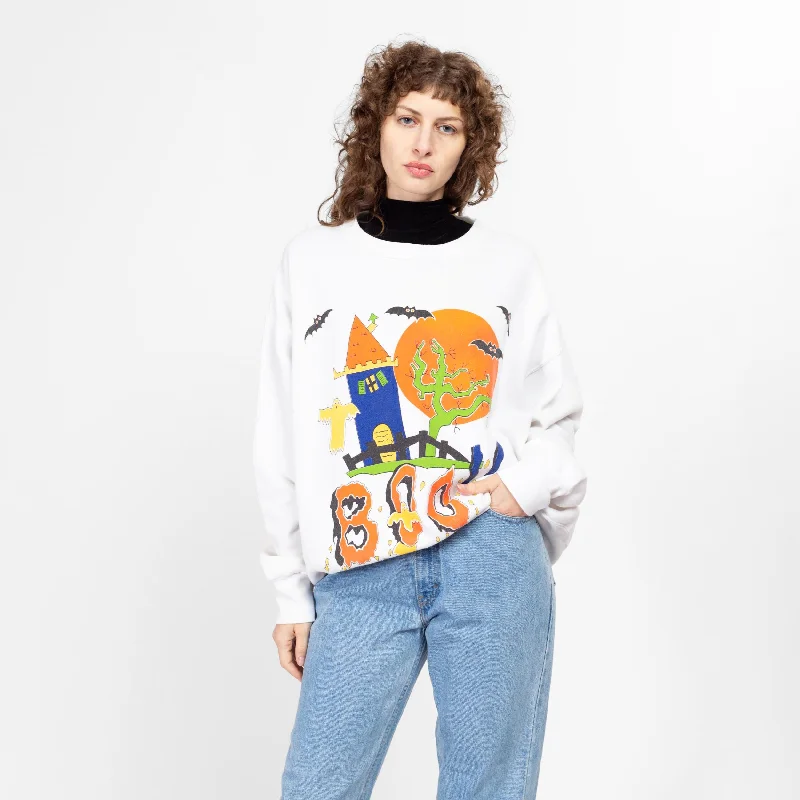 XL 90s Halloween Haunted House "Boo!" Sweatshirt Hoodie Crop Top Short Trendy