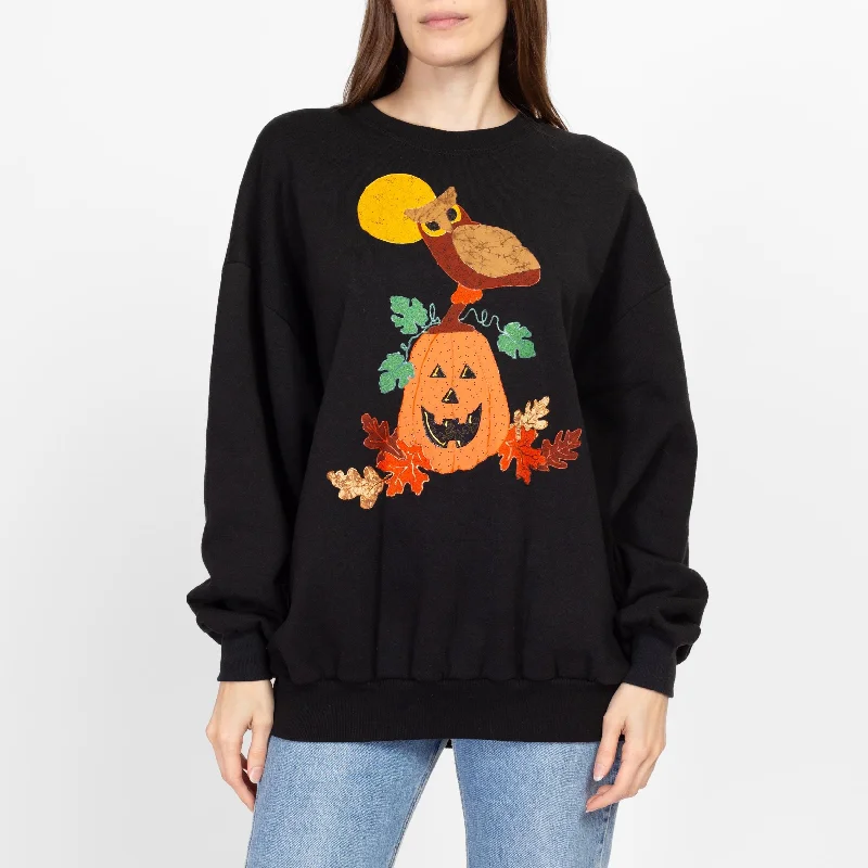 XL 90s Halloween Jack-O-Lantern & Owl Sweatshirt Unisex Hoodie with Hem Ribbing Snug Secure