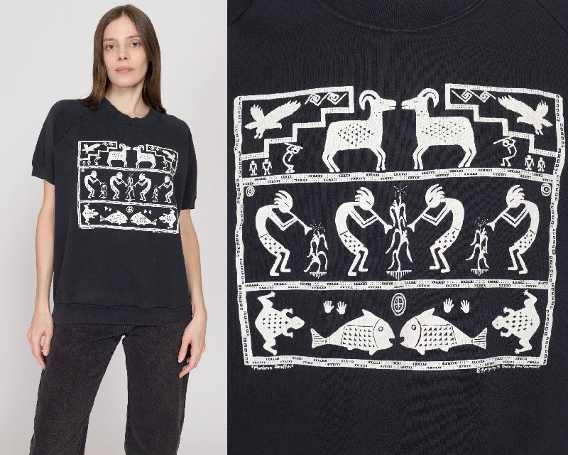 XL 90s Kokopelli Black Short Sleeve Sweatshirt Hoodie with Turtle Neck Cozy Winter