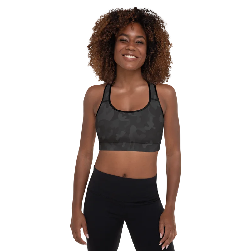 Black Camo Padded Sports Bra Soft Cup Bralette