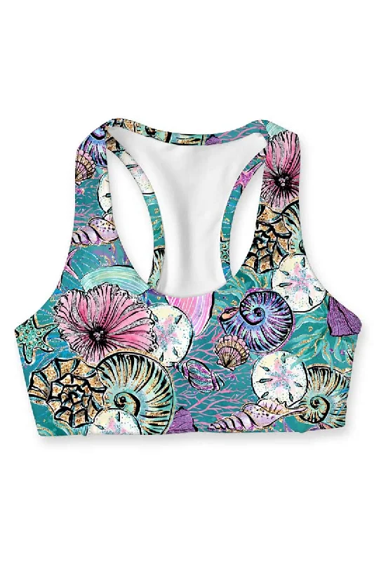 Blue Seashells Stella Adorable Seamless Racerback Sport Yoga Bra - Women Smooth Fit Bra