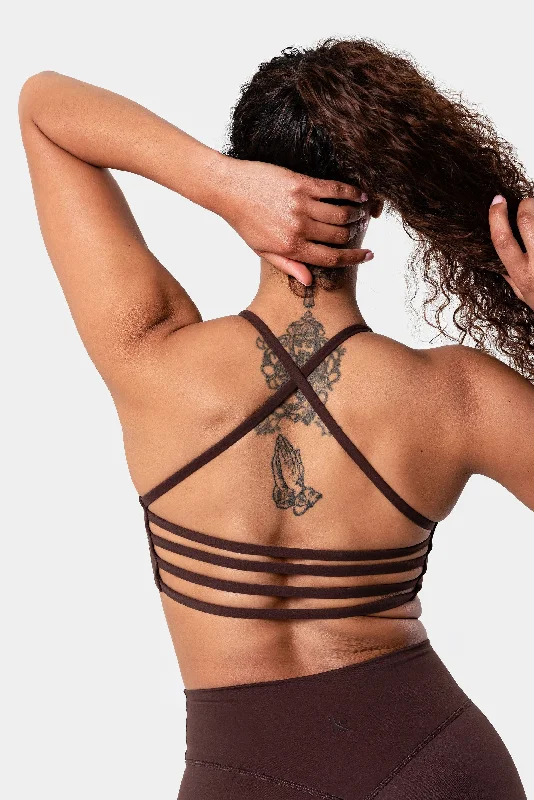 Iris Strappy Back Crop Sports Bra - Java Brown Stretchy Full Coverage