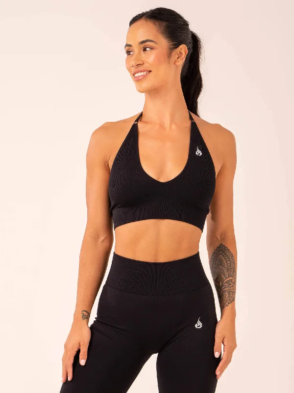 Lift Rib Seamless Halter Sports Bra - Black Minimalist Wireless Bra