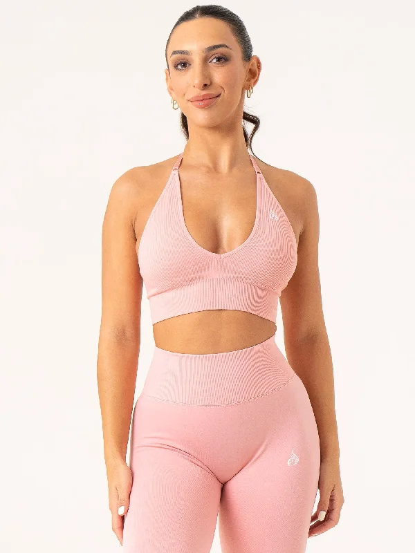 Lift Rib Seamless Halter Sports Bra - Pink Adjustable Comfort Bra