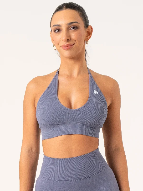 Lift Rib Seamless Halter Sports Bra - Slate Blue Push-Up Padded Bra