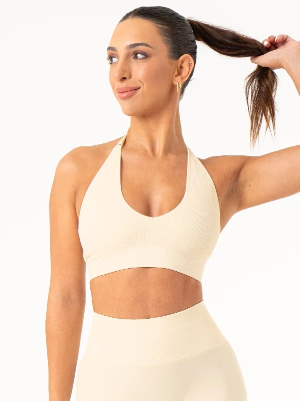 Lift Rib Seamless Halter Sports Bra - Vanilla Feminine Lace Bra