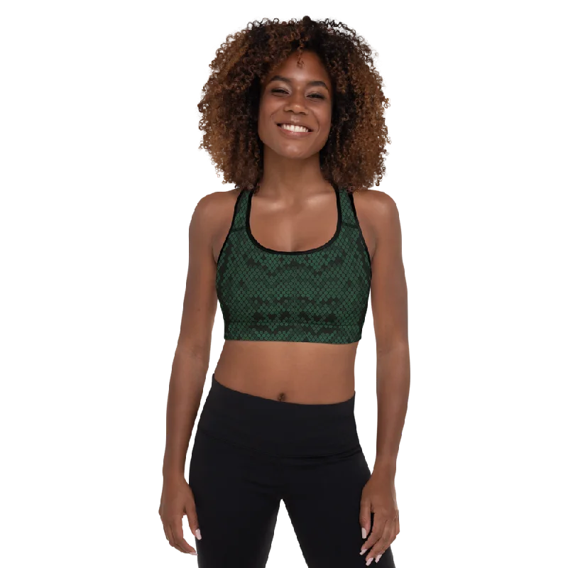 Dark Green Python Padded Sports Bra Lacy Underwire Bra