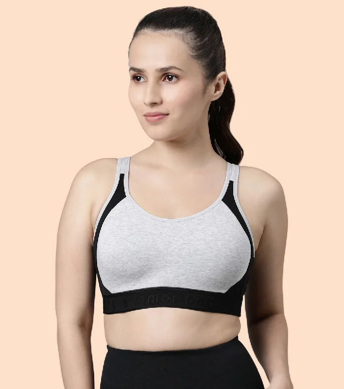 Enamor Agion SB28 Antimicrobial Side Shaper Active Sports Bra for Women - Non Padded, Wirefree and High Coverage - Grey Melange Ultra-Light Bra