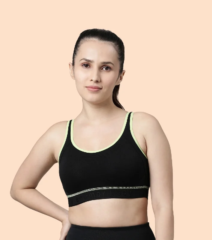 Enamor Agion SB28 Antimicrobial Side Shaper Active Sports Bra for Women - Non Padded, Wirefree and High Coverage - Black Wireless Lace Bra