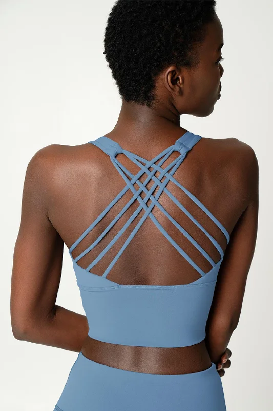 3 for $49! Sky Blue Kelly Crisscross Back Long Line Padded Sports Bra - Women Sporty Wireless Bra