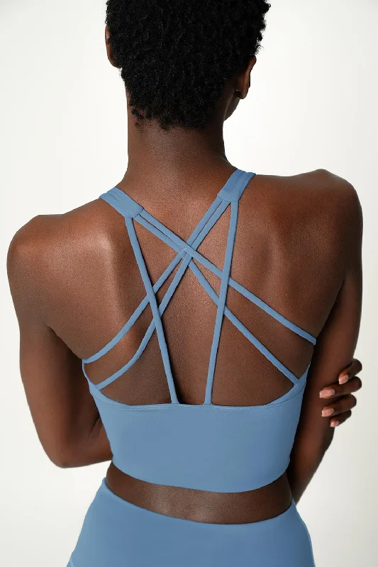 3 for $49! Sky Blue Kelly Multi-Strap Back Long Line Padded Sports Bra - Women Multi-Way Bra Design