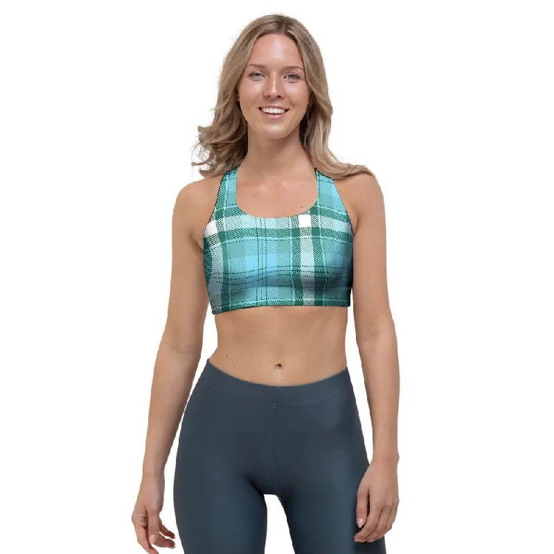 Tartan Aqua Blue Plaid Sports Bra High-Cut Bra Design