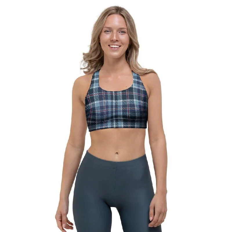 Tartan Blue Plaid Sports Bra Wireless Push-Up Bra