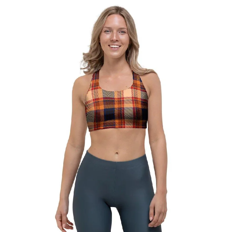 Tartan Brown Plaid Sports Bra Active Support Bra