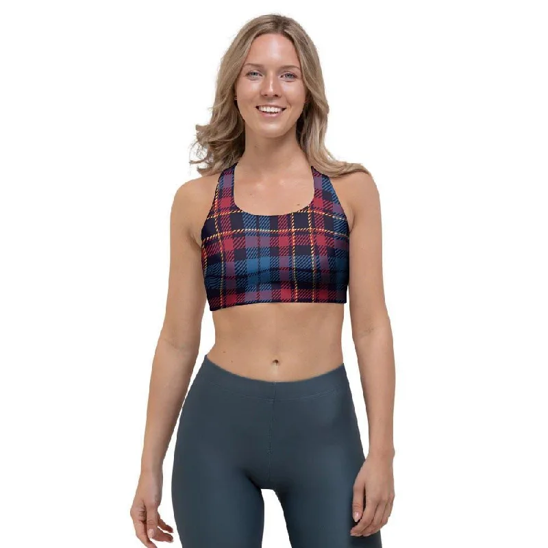 Tartan Red And Blue Plaid Sports Bra Supportive Wireless Bra