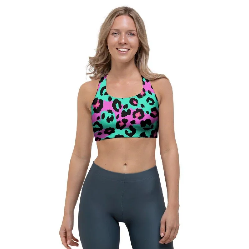 Teal Pink Leopard Sports Bra Simple Wireless Bra