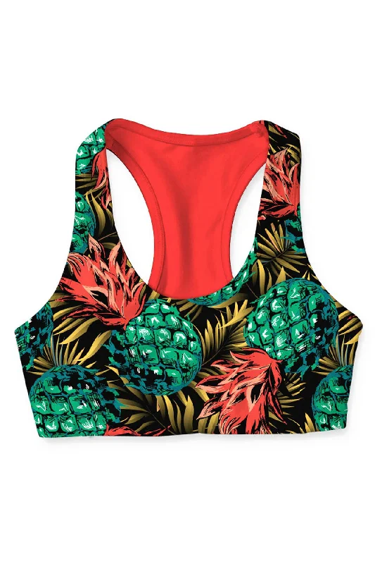 Tropicana Stella Neon Coral Pineapple Print Seamless Yoga Bra - Women Adjustable Comfort Bra