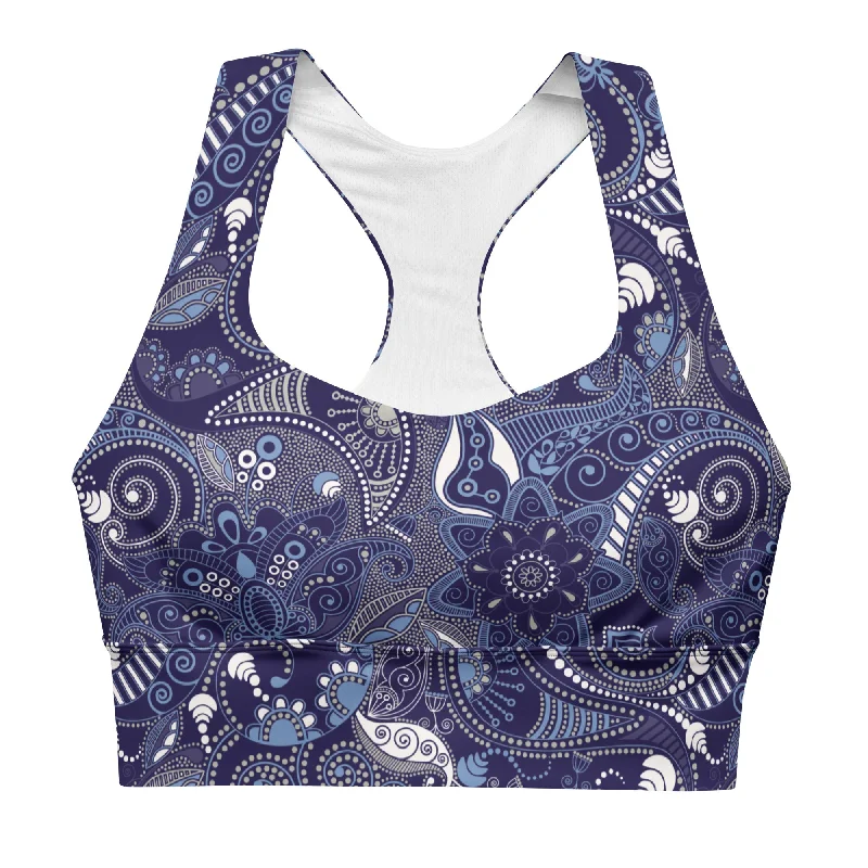 Compression Sports Bra, Swim Bra UPF 50 XS-3XL, Blue Paisley Floral Bikini Top