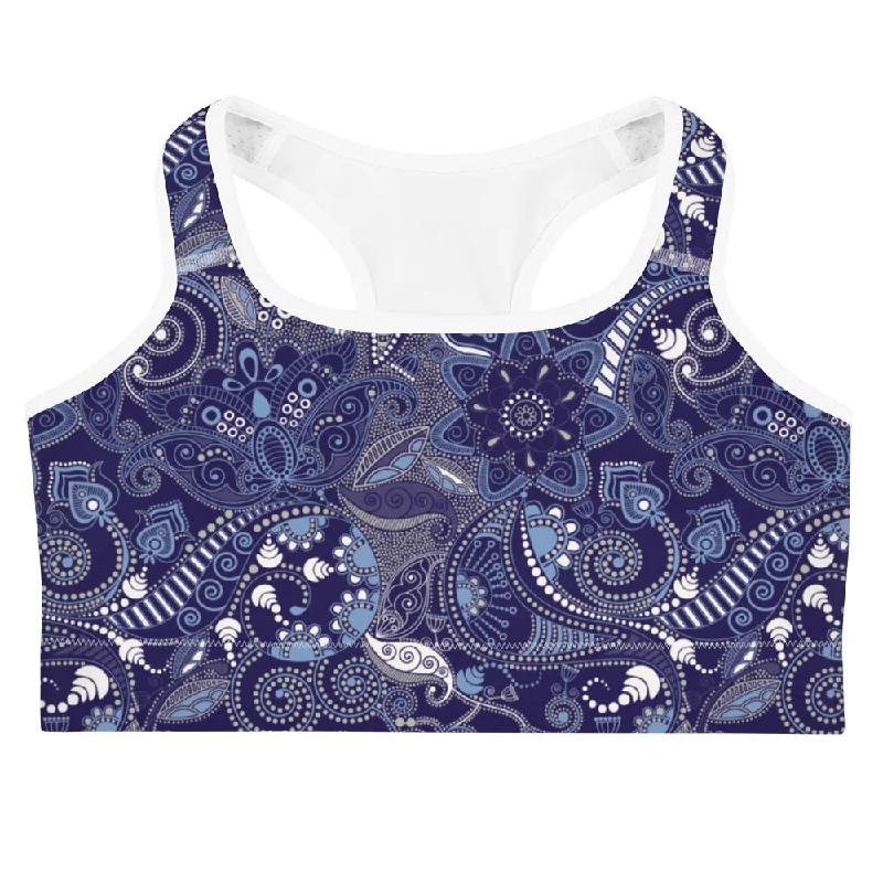 Medium Intensity Sports Bra, Swim Bra A-C Cups, Blue Paisley Deep-V Swimsuit Design