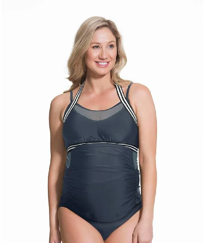 Rosewater Chinotto Maternity Tankini Swimwear Set -  Grey Crisscross Back Swimsuit