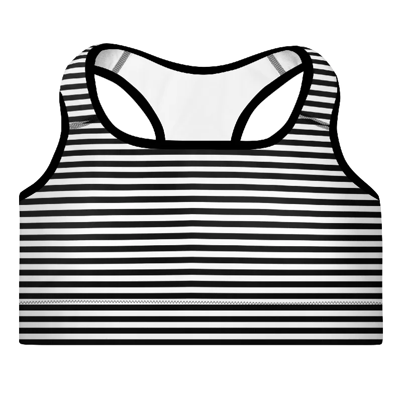 Women's Black & White Padded Sports Bra Swim Top Elegant Ruffle Swimsuit