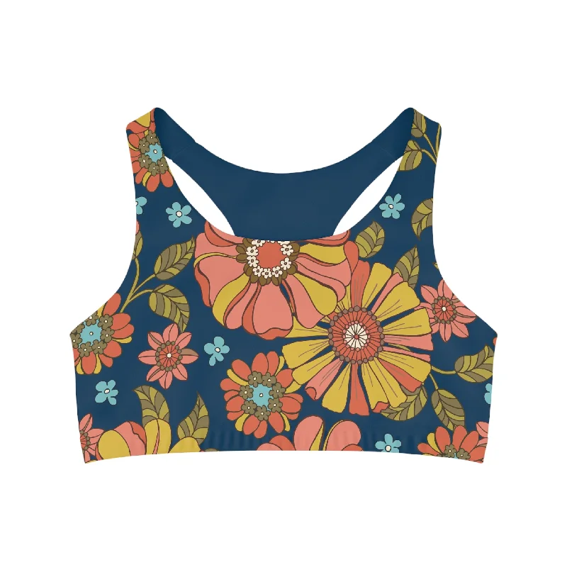 Women's Seamless Sports Bra, Swim Bra Top, 70s Retro Floral - USA made Tropical Print Bikini