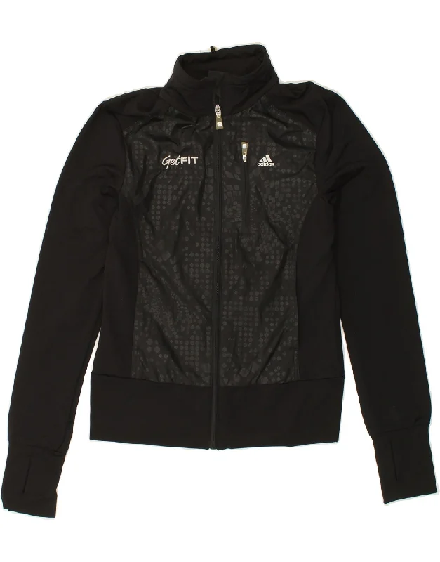 ADIDAS Womens Graphic Tracksuit Top Jacket UK 10 Small Black Polyester Embroidered Jacket Appliqued Jacket Beaded Jacket