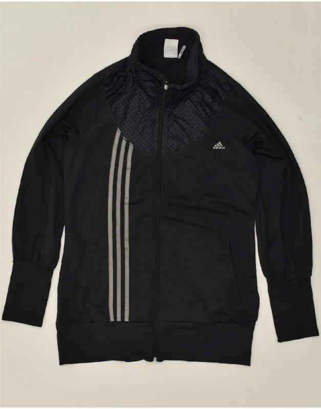 ADIDAS Womens Graphic Tracksuit Top Jacket UK 16 Large Black Polyester Trench Coat Raincoat Waterproof Jacket