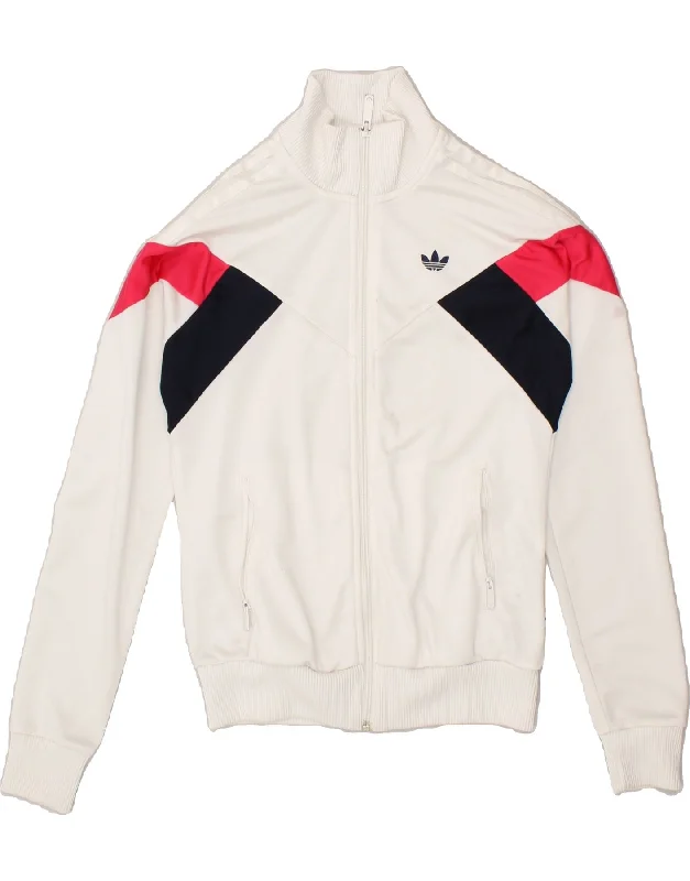 ADIDAS Womens Graphic Tracksuit Top Jacket UK 8 Small White Colourblock Stand-Up Collar Roll-Neck Collar Turtle Neck