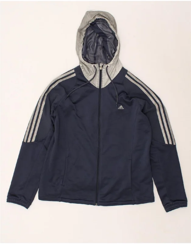 ADIDAS Womens Hooded Tracksuit Top Jacket UK 16/18 Large Navy Blue Tiered Jacket Buttoned Jacket Zippered Jacket