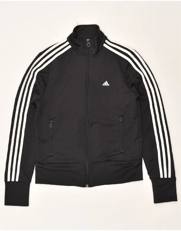 ADIDAS Womens Tracksuit Top Jacket UK 12 Medium Black Polyester Welt Pockets Slit Pockets Flap Pockets