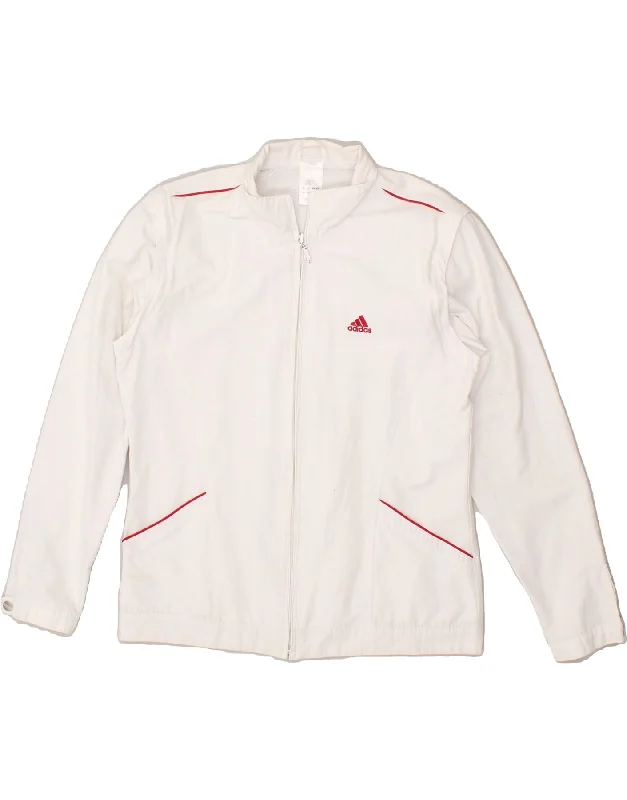 ADIDAS Womens Tracksuit Top Jacket UK 14 Large White Cotton Welt Pockets Slit Pockets Flap Pockets