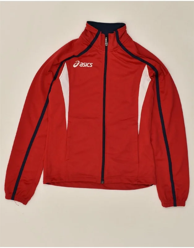 ASICS Womens Graphic Tracksuit Top Jacket UK 10 Small Red Colourblock Print Jacket Jacquard Jacket Patchwork Jacket