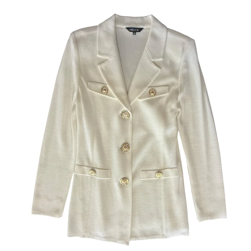 Dressed Up Button-Front Jacket By Misook In Cream, Size: Xs Welt Pockets Slit Pockets Flap Pockets