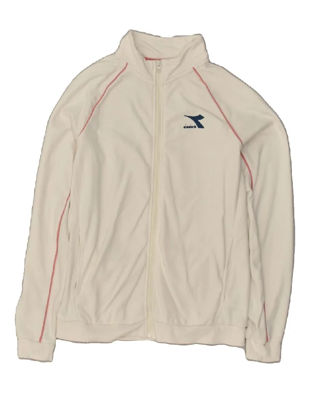 DIADORA Womens Graphic Tracksuit Top Jacket UK 12 Medium White Cotton Denim Fabric Leather Fabric Suede Fabric