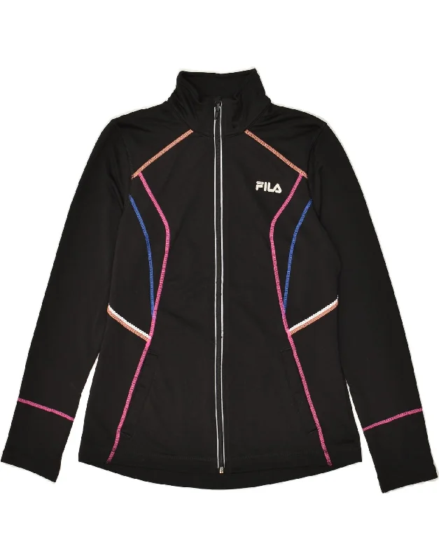 FILA Womens Graphic Tracksuit Top Jacket UK 12 Medium Black Polyester Denim Fabric Leather Fabric Suede Fabric