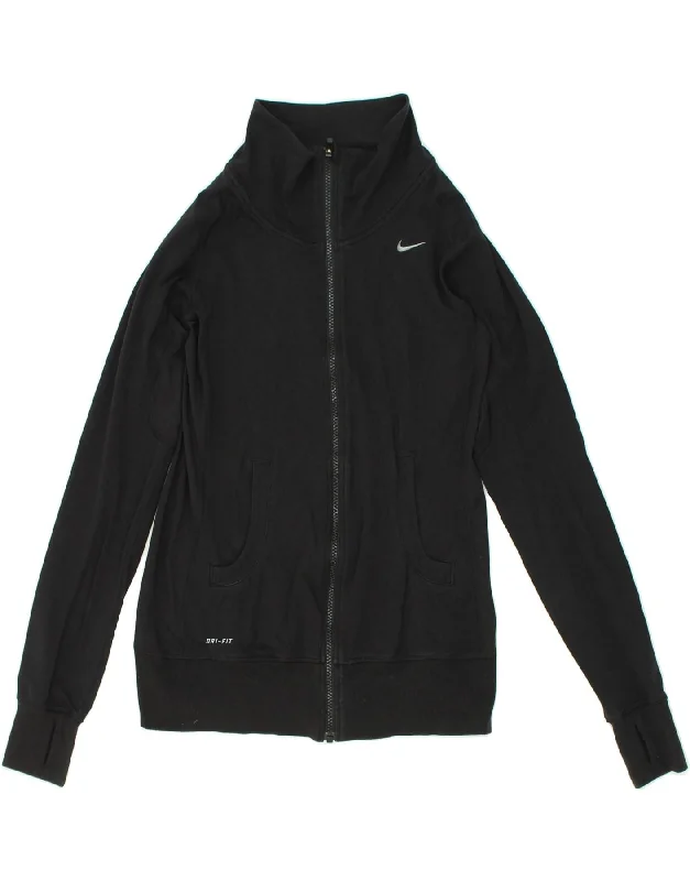 NIKE Womens Dri Fit Tracksuit Top Jacket UK 12 Medium Black Welt Pockets Slit Pockets Flap Pockets