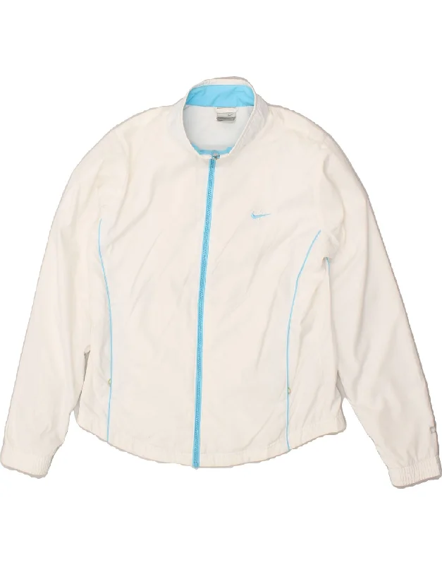 NIKE Womens Tracksuit Top Jacket UK 16 Large White Polyester Denim Jacket Leather Jacket Suede Jacket