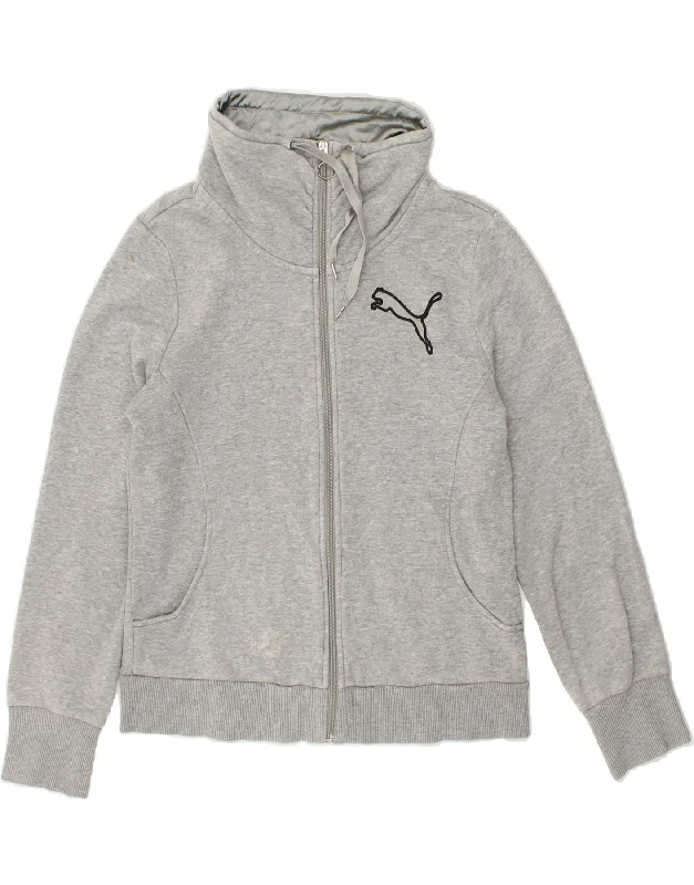 PUMA Womens Graphic Tracksuit Top Jacket UK 12 Medium Grey Cotton Stand-Up Collar Roll-Neck Collar Turtle Neck