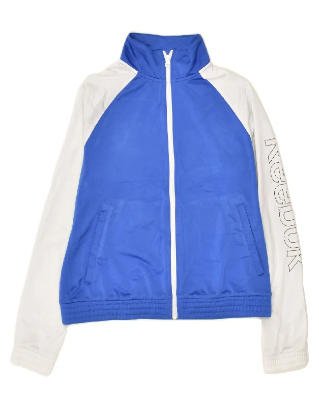 REEBOK Womens Graphic Tracksuit Top Jacket UK 12/14 Medium Blue Stand-Up Collar Roll-Neck Collar Turtle Neck