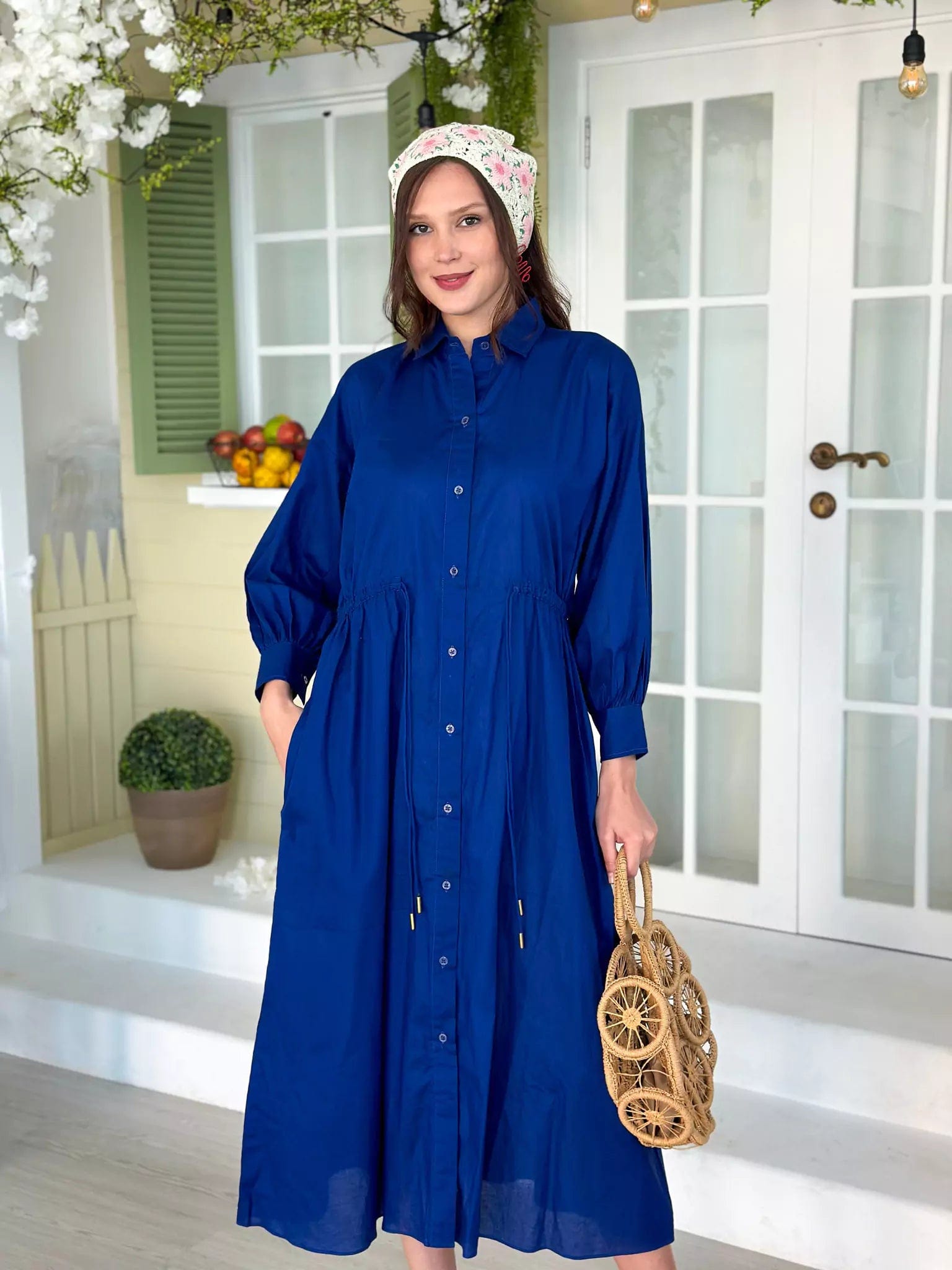 Gloria Blue Cotton Dress With Pockets