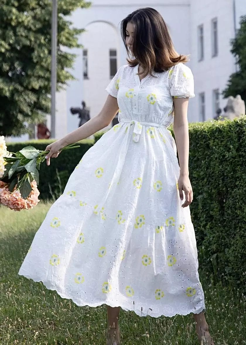 Lola Cutwork Embroidered Dress - Yellow