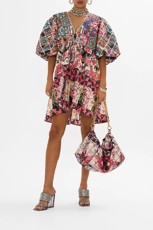 QUILTED PUFF SLEEVE DRESS PATCHWORK POETRY