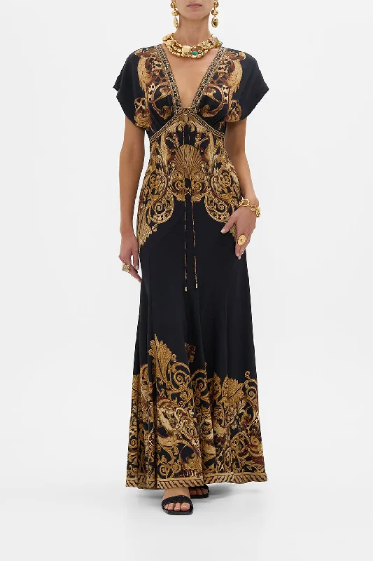 V NECK HARDWARE DRESS WITH NECK TIE ERA OF EMPIRES