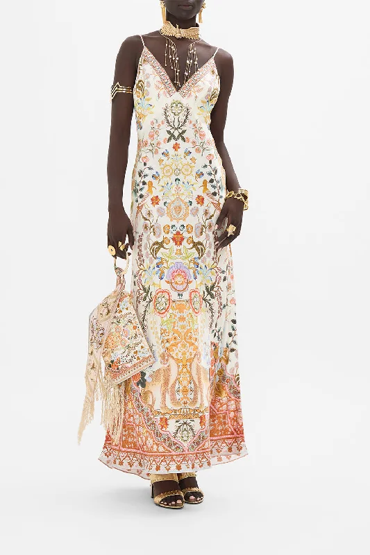 V NECK LONG BIAS SLIP DRESS WITH TRAIN IN HONOUR OF HEIRLOOMS