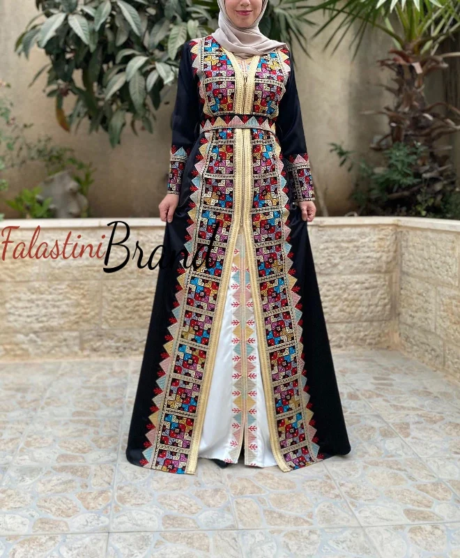 2 Pieces Black Moroccan Like Kaftan Dress with Palestinian Embroidery